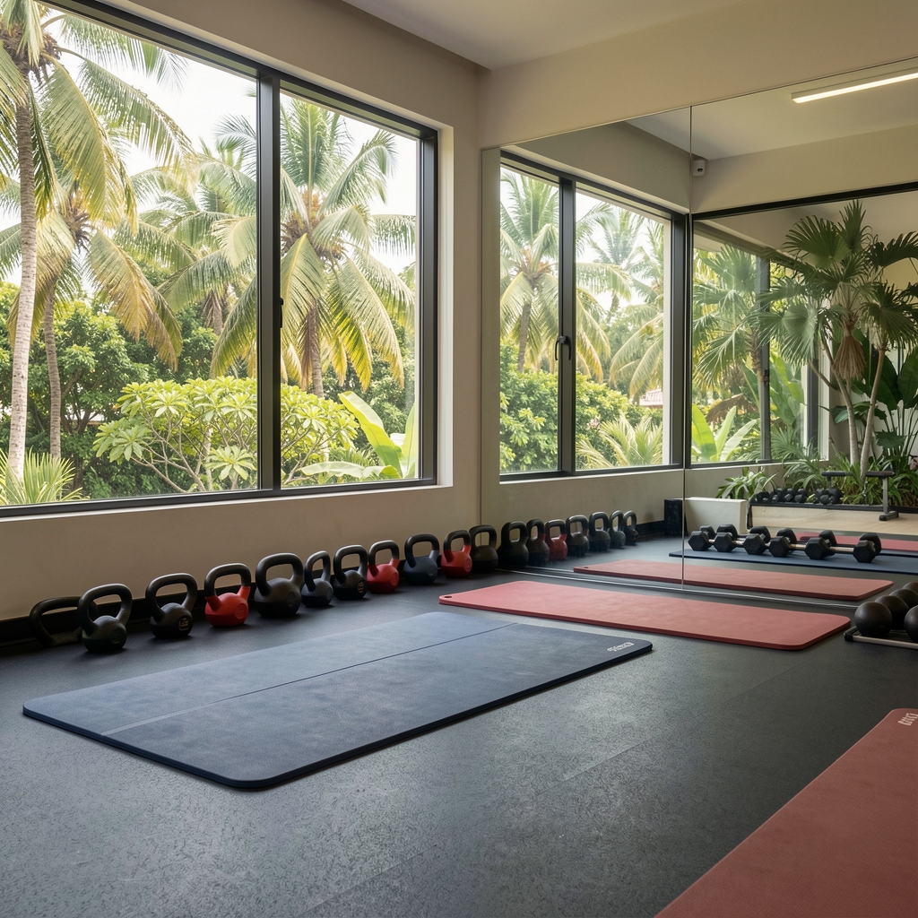 Quiet functional training studio with kettlebells, mats and large windows overlooking tropical trees