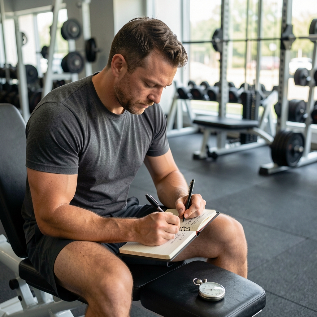 Man sitting on a gym bench writing his movement test results in a small notebook beside a stopwatch