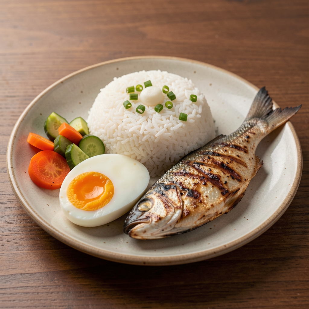 Balanced Indonesian-inspired training meal with rice vegetables eggs and grilled fish on a ceramic plate