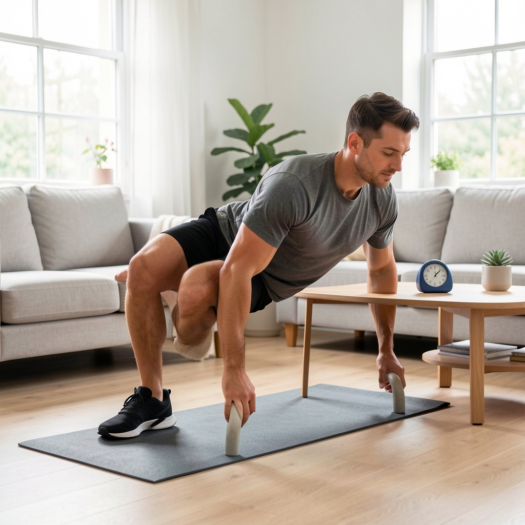 Man performing a bodyweight chair stand test in a bright living room with a timer on the table