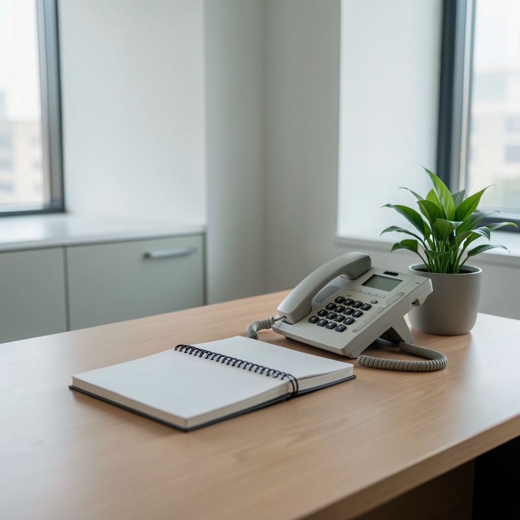 Minimal contact desk with notebook telephone and green plant in the Evance Jakarta office