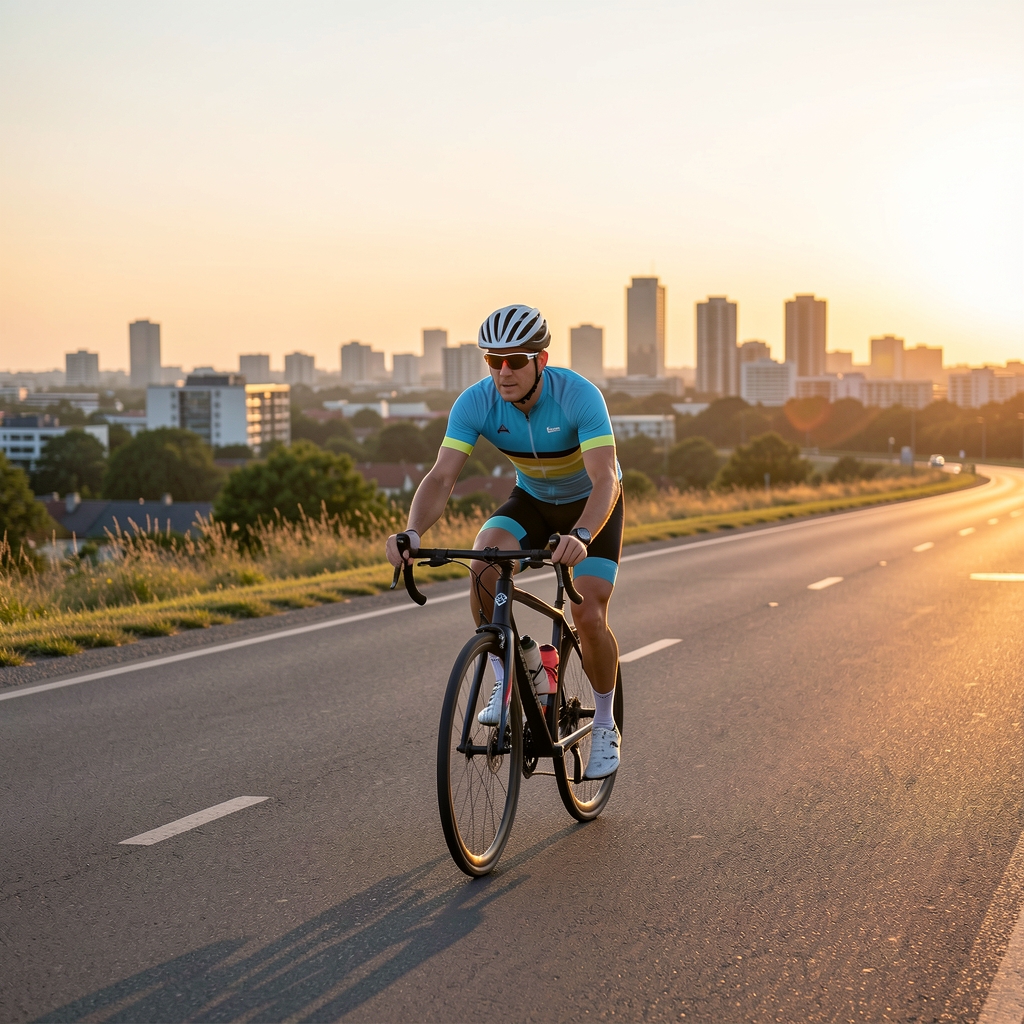 Recreational cyclist riding steadily on a quiet road at sunrise with city outskirts in the background