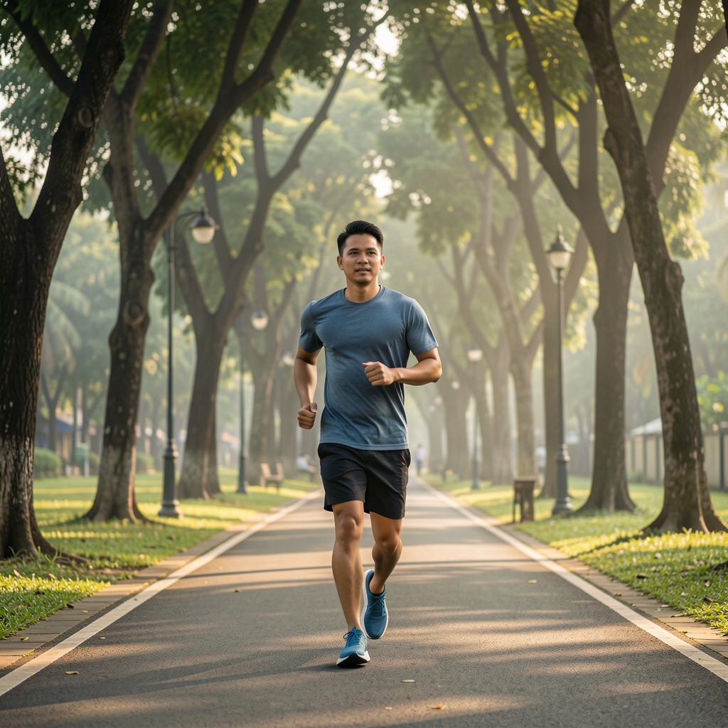 Man jogging at an easy pace along a tree-lined path in a Jakarta park early in the morning