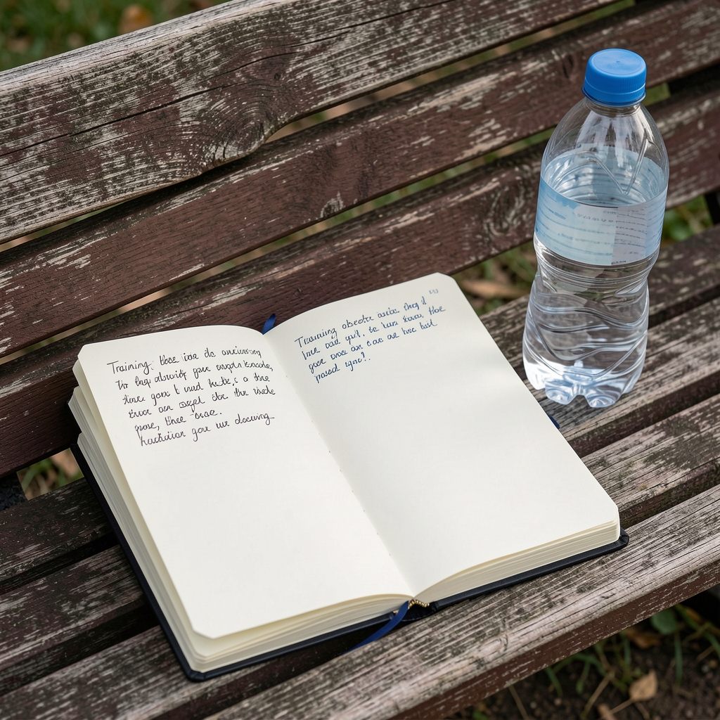 Open pocket notebook with handwritten training observations resting on a wooden bench beside a water bottle