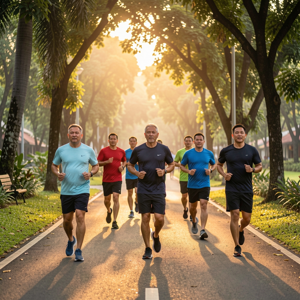Group of middle-aged men jogging along a shaded park path in Jakarta at sunrise