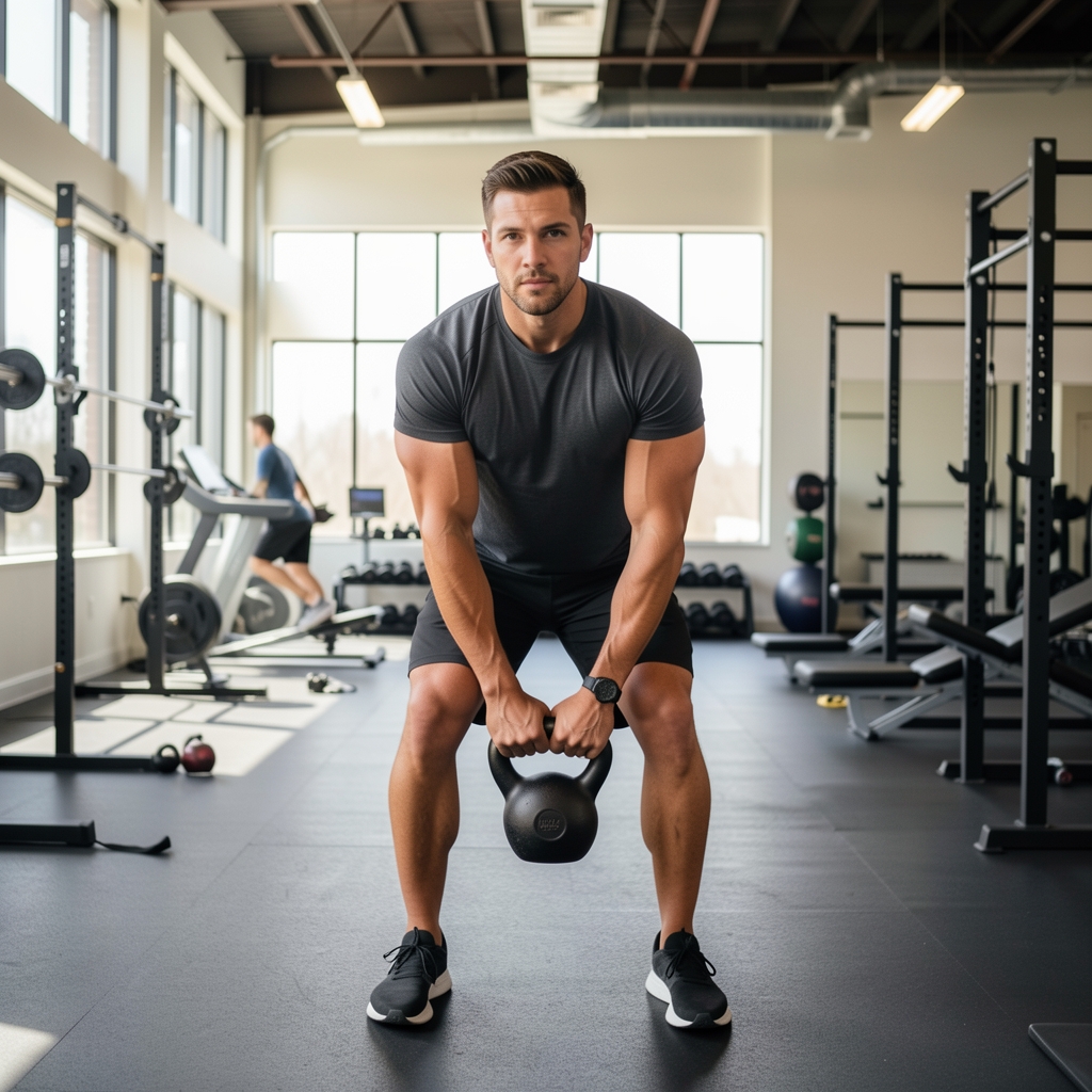 Male athlete carrying a kettlebell through a spacious functional fitness studio in natural light