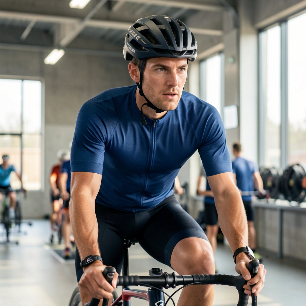 Male cyclist wearing a heart rate monitor during a measured indoor endurance test