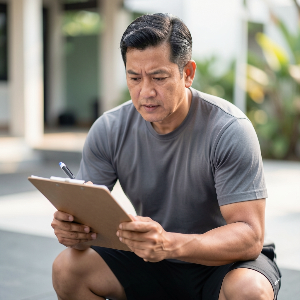 Coach noting movement observations on a clipboard while a middle-aged man performs a controlled squat in a bright Jakarta studio