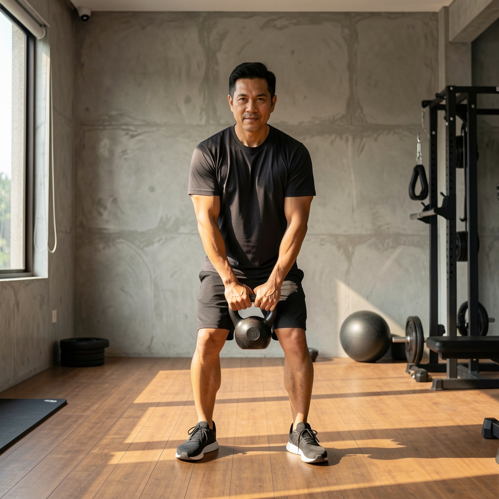 Man in his forties lifting a kettlebell in a sunlit Jakarta gym with concrete walls and wooden floor