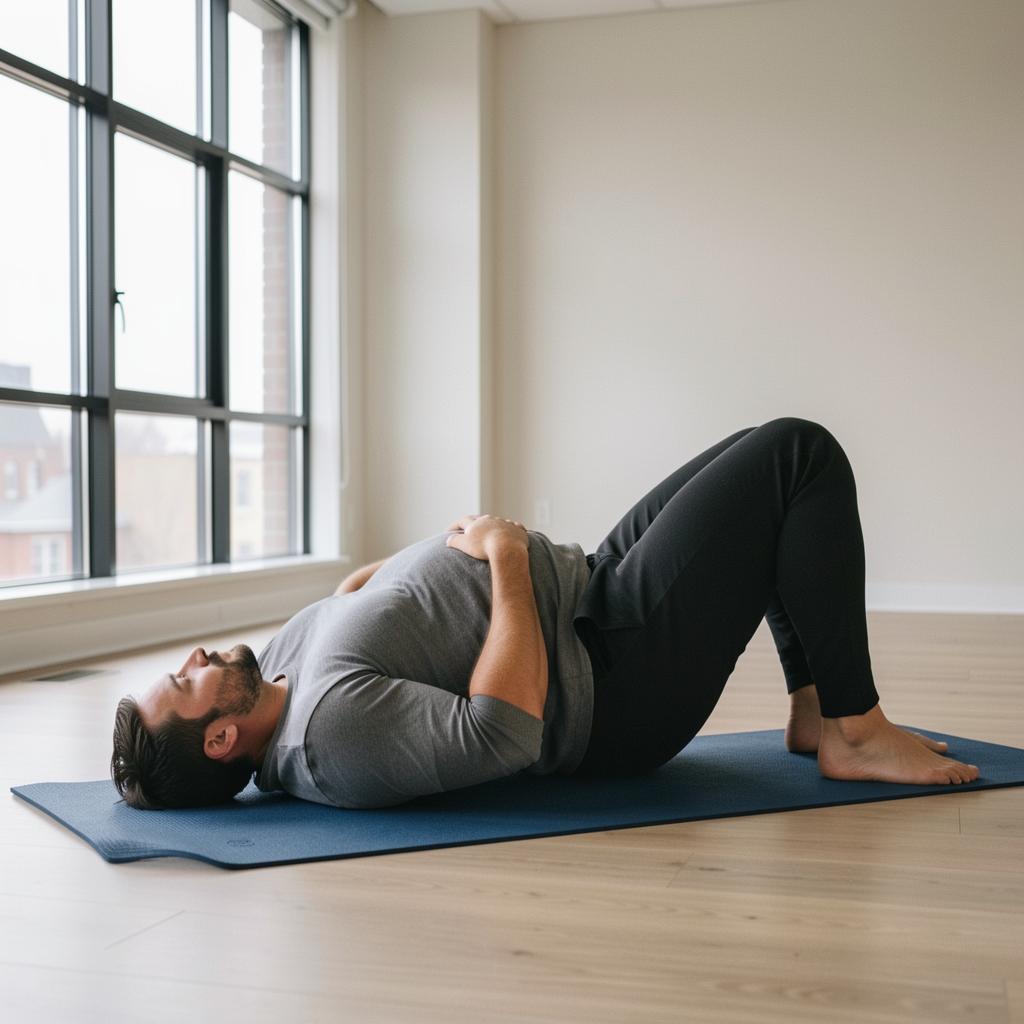 Man performing a deep hip mobility stretch on a mat in a quiet studio with large windows
