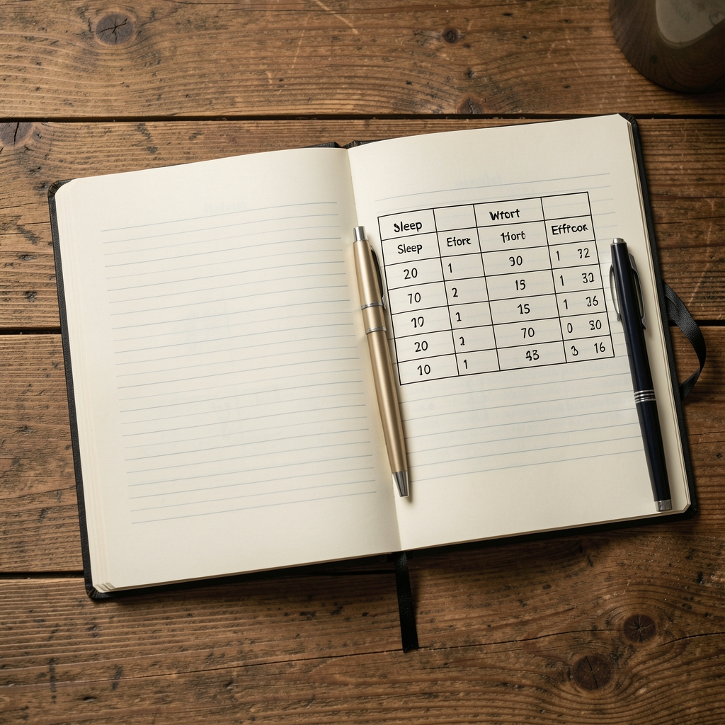 Open training notebook with a pen and a simple weekly table of sleep and effort scores on a wooden table