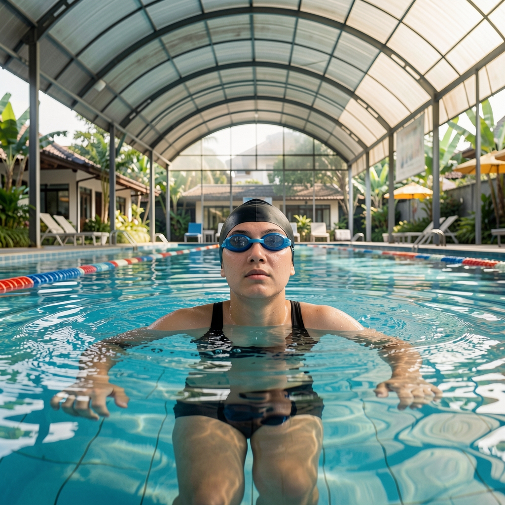 Swimmer in a covered outdoor pool in Jakarta taking a calm breath during steady laps