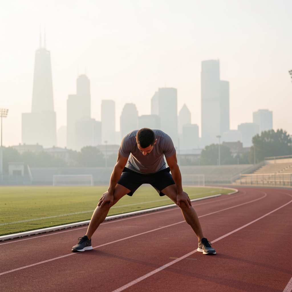 Runner stretching on a red track at early morning with soft haze over the city skyline