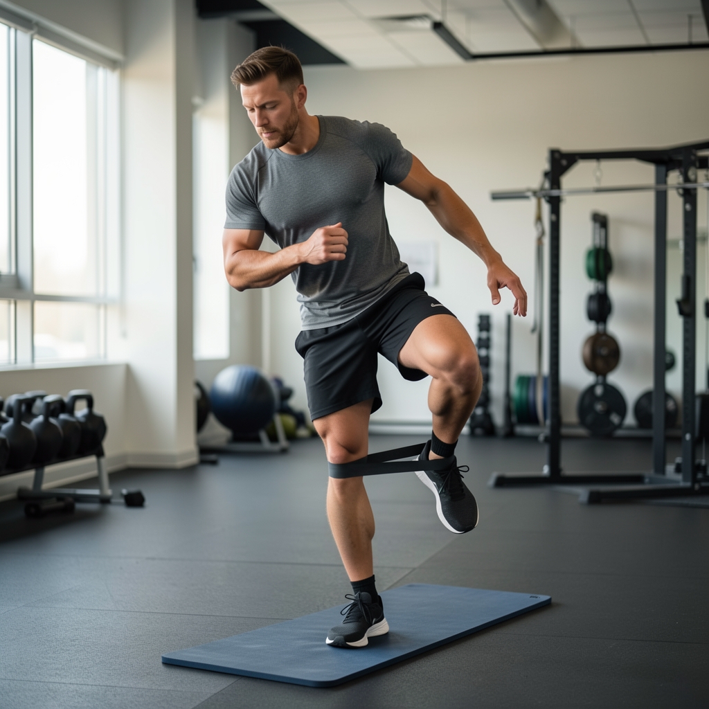 Man performing a controlled single-leg balance drill on a gym mat with a resistance band around his knees