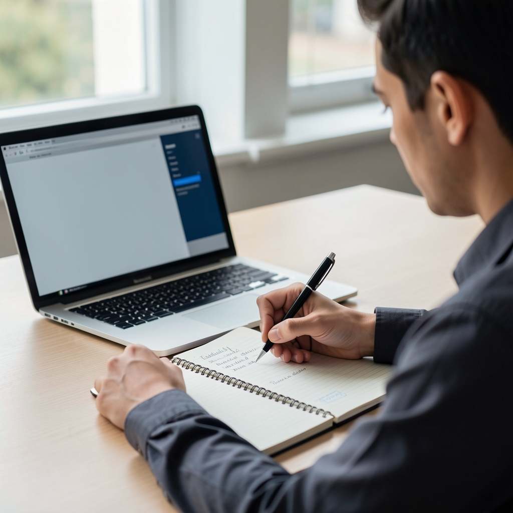 Person writing a clear editorial enquiry in a notebook beside a laptop