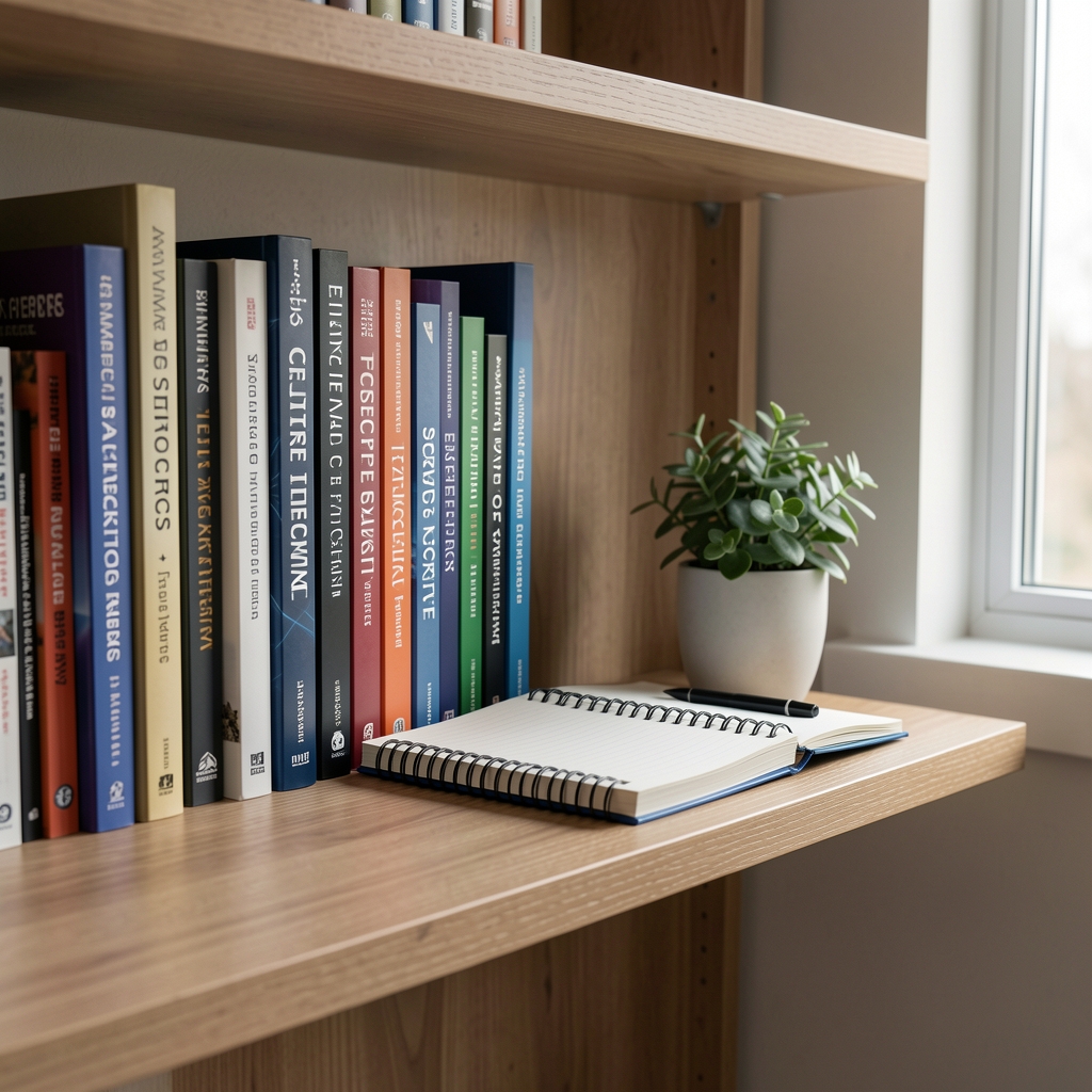 Wooden shelf with sports science books, a notebook and a small plant beside a window with soft daylight
