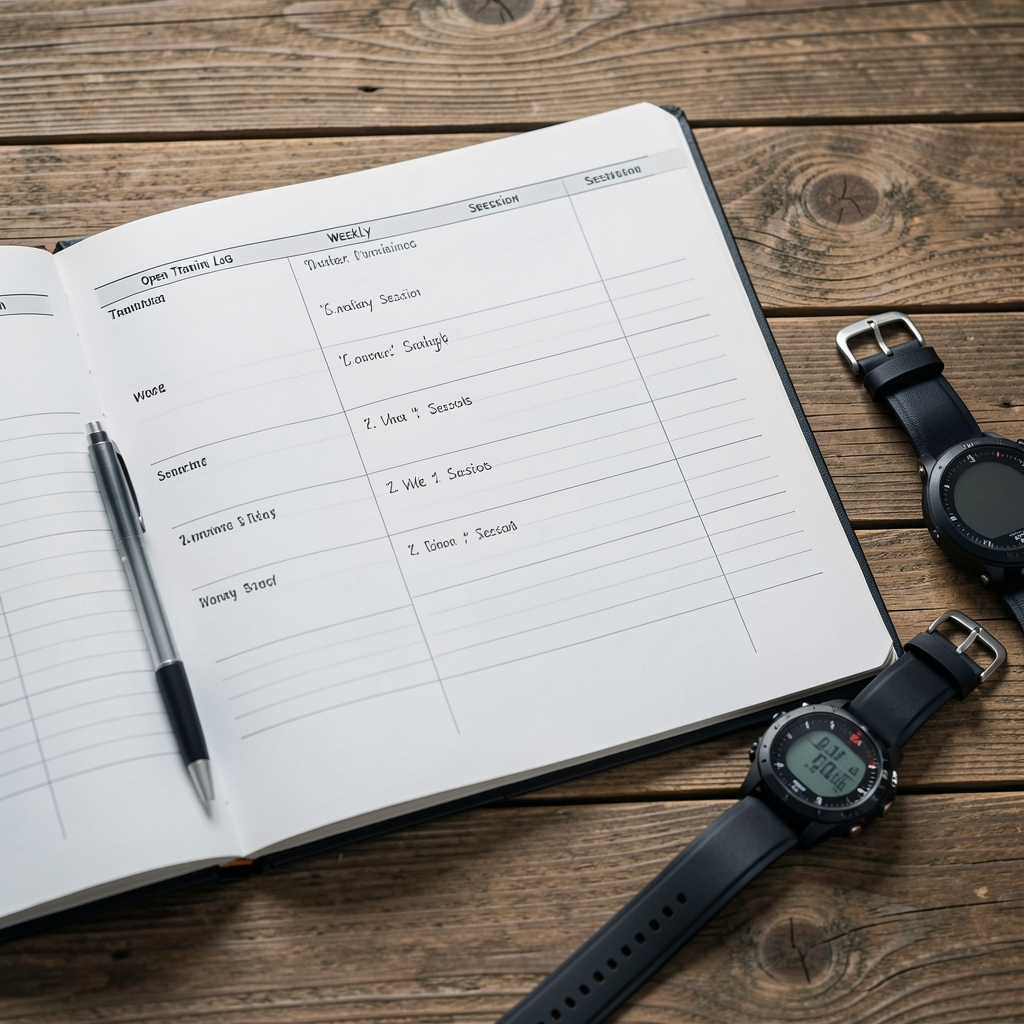 Open training log with weekly session entries, a pen and a sports watch resting on a wooden table