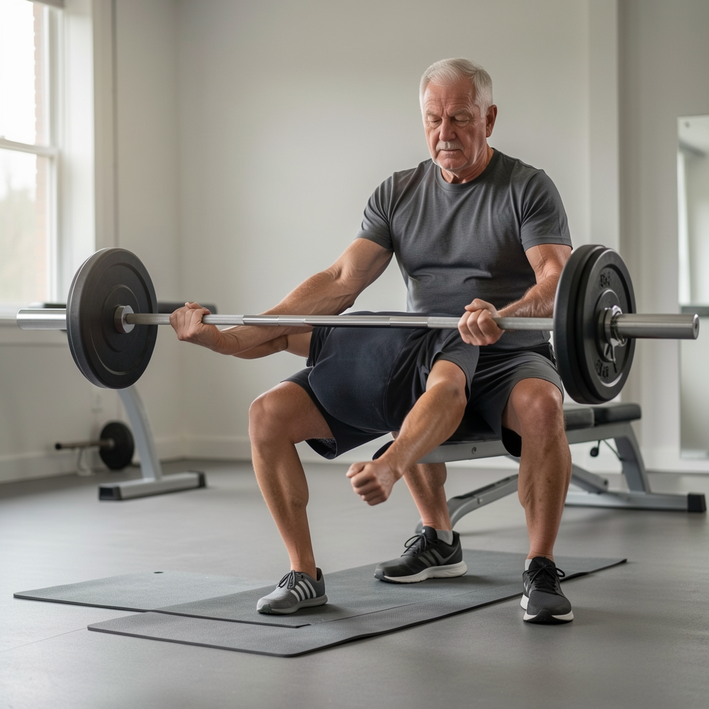 Older male athlete performing a carefully supervised strength exercise in a calm studio