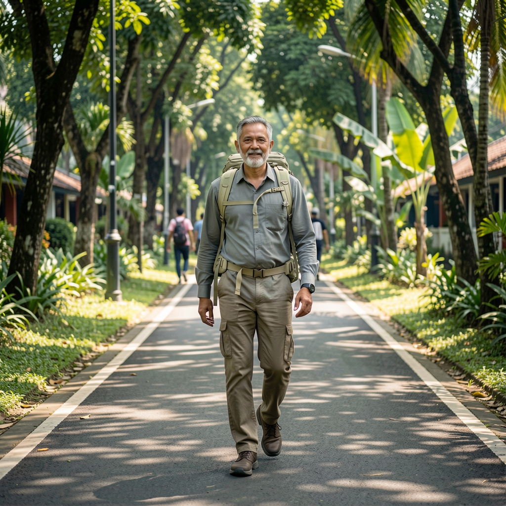 Mature man walking along a shaded Jakarta path carrying a light daypack