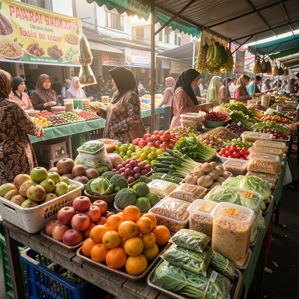 Fresh produce and staple foods arranged at a Jakarta market stall in morning light