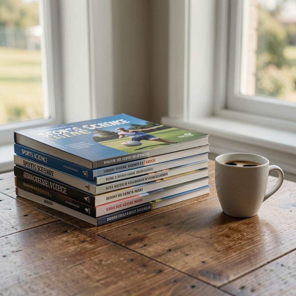 Stack of sports science journals and a coffee cup on a wooden table beside a window