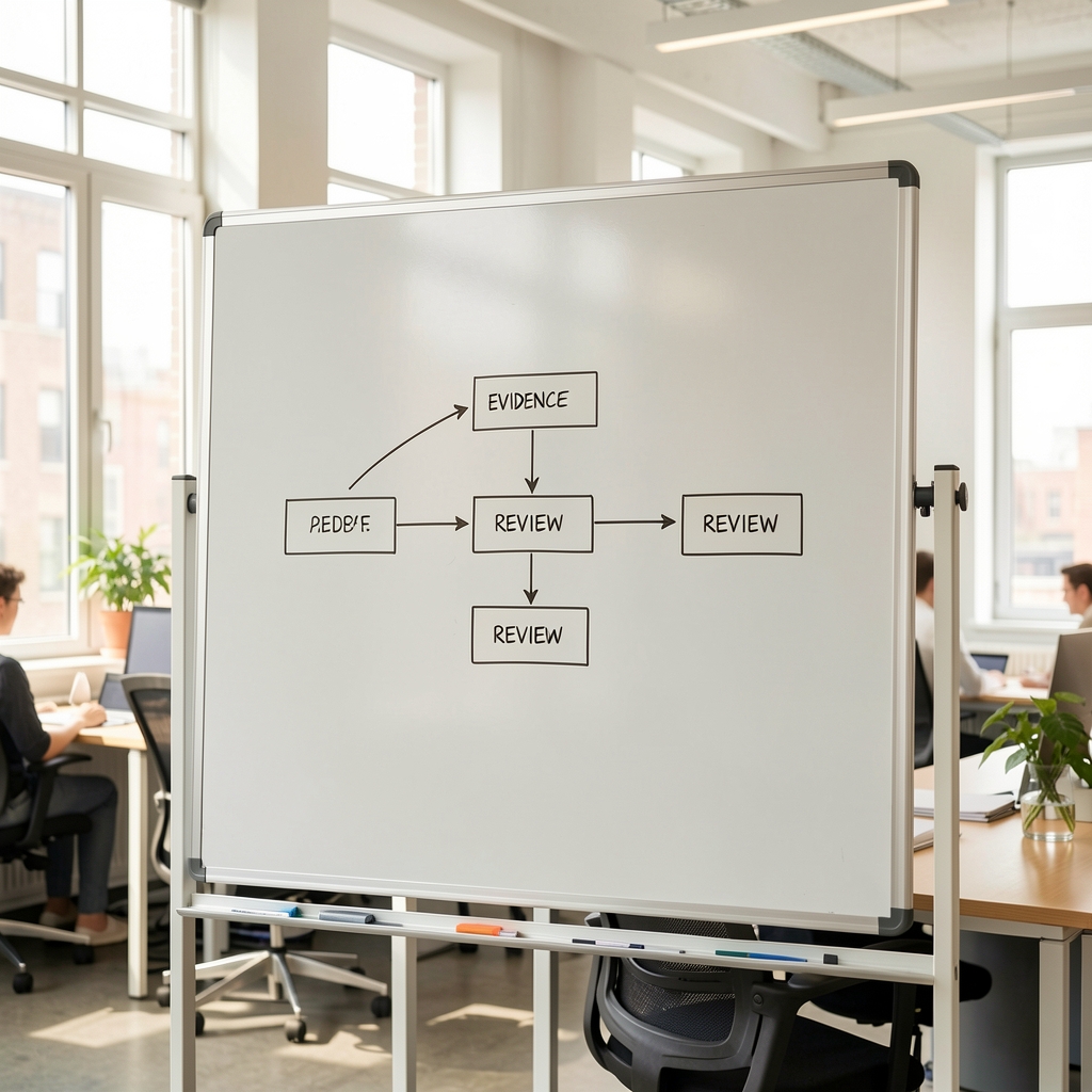 Whiteboard with a simple flow diagram of evidence review steps in a bright editorial office