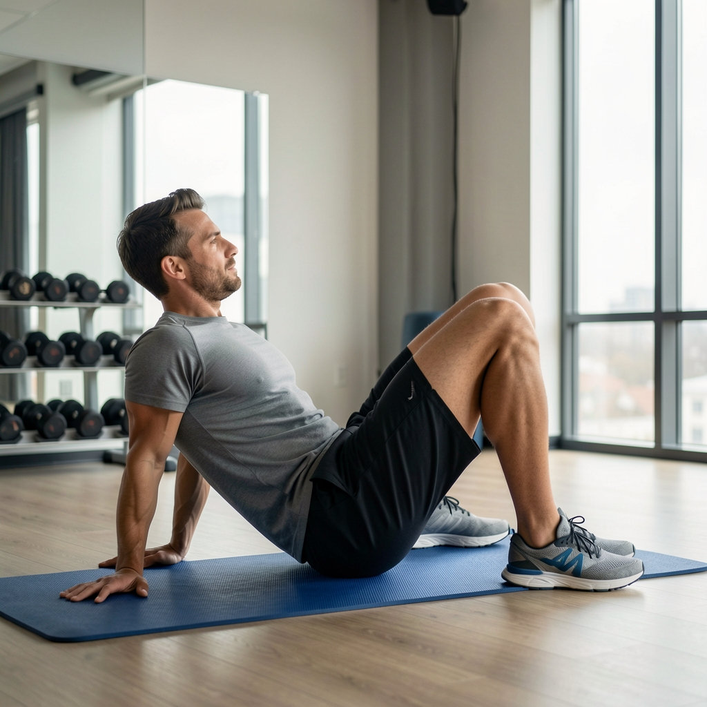Male athlete practicing controlled hip mobility on a mat in a modern studio