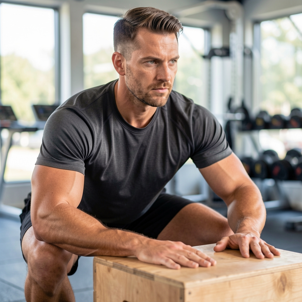 Coach observing a man practicing a controlled split squat with a wooden box in a bright gym