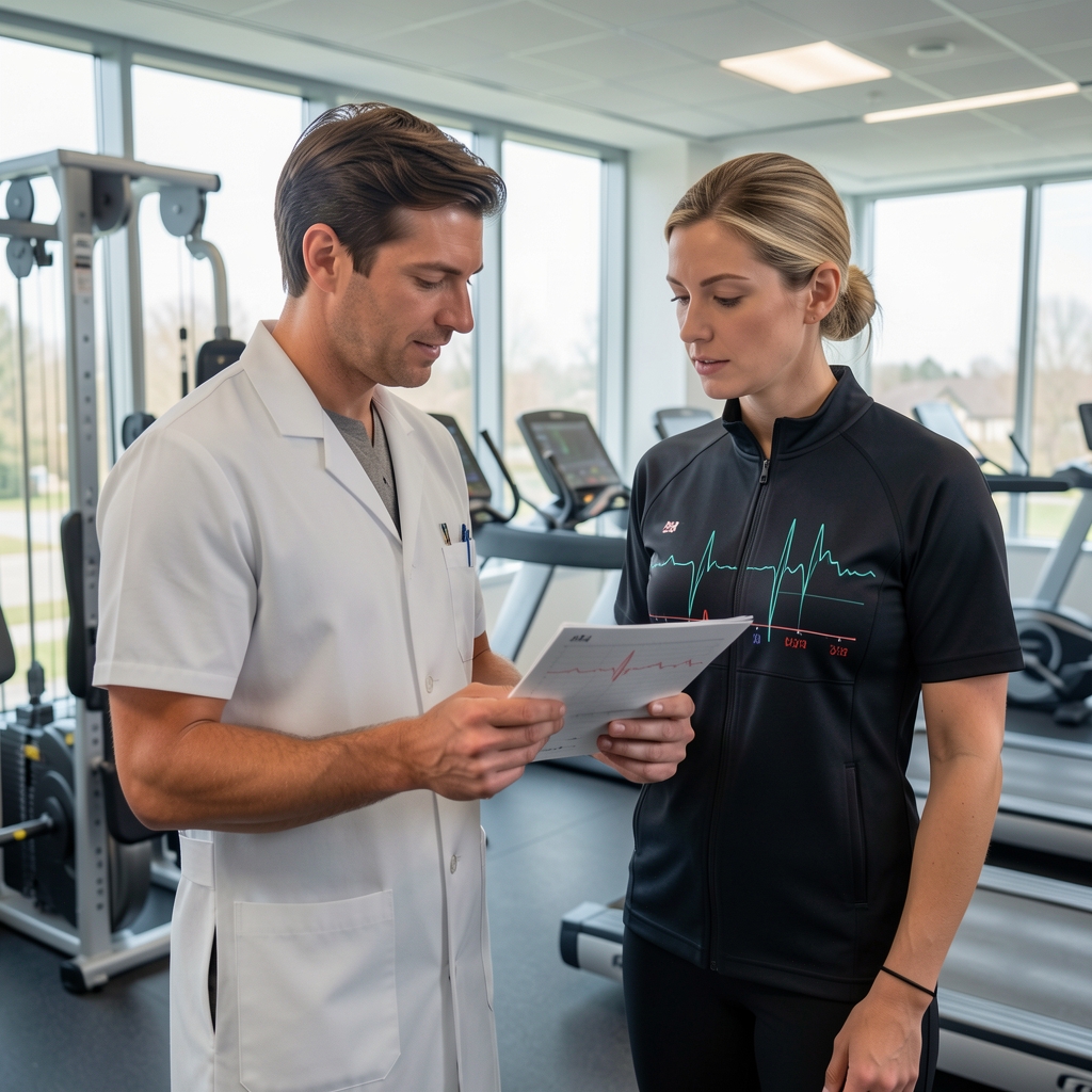 Sports physiology researcher reviewing heart rate data beside laboratory exercise equipment