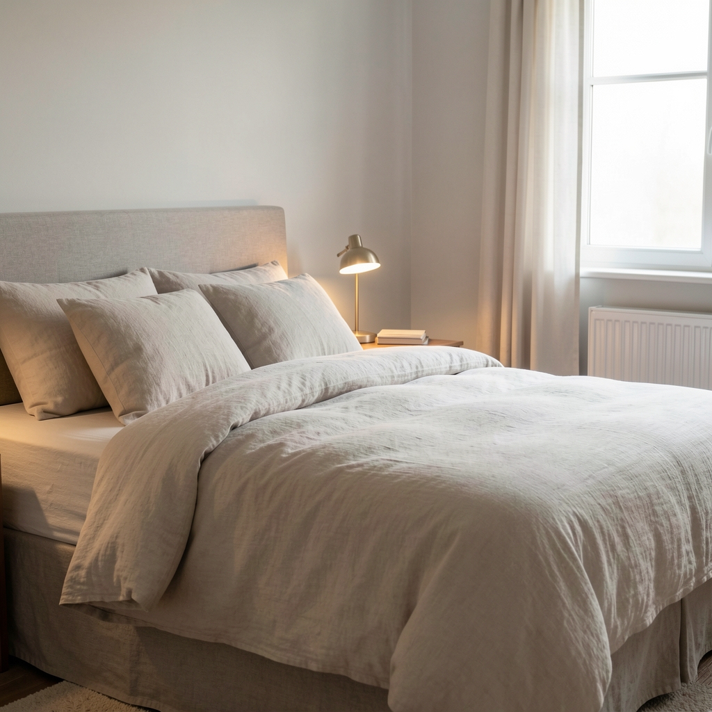 Quiet bedroom prepared for sleep with linen bedding and a small reading lamp