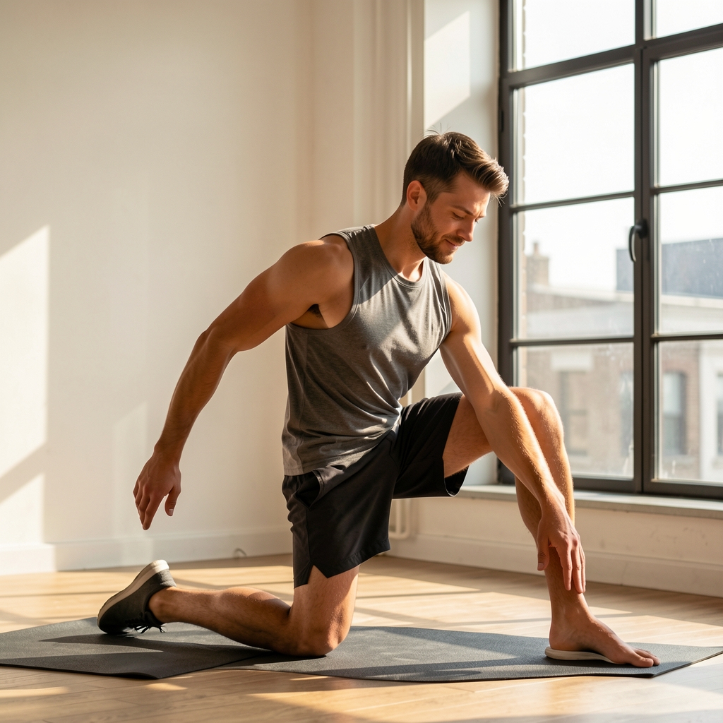 Male athlete performing gentle post-training stretching beside a sunlit studio window