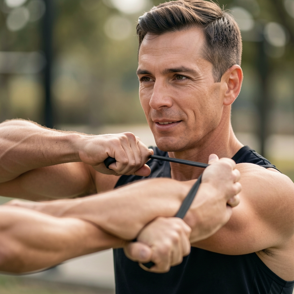 Coach guiding an athlete through a careful shoulder mobility drill with a resistance band