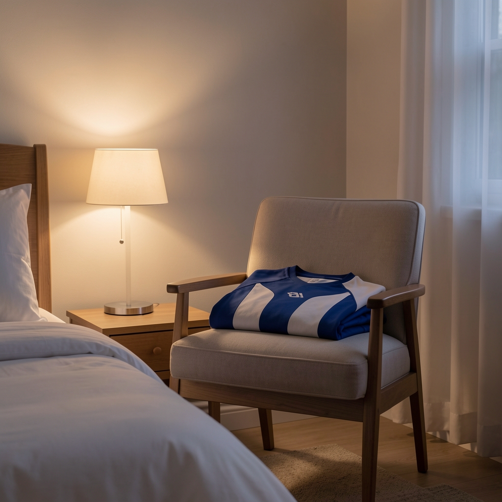 Calm evening bedroom with soft lamp light and a folded training shirt on a chair