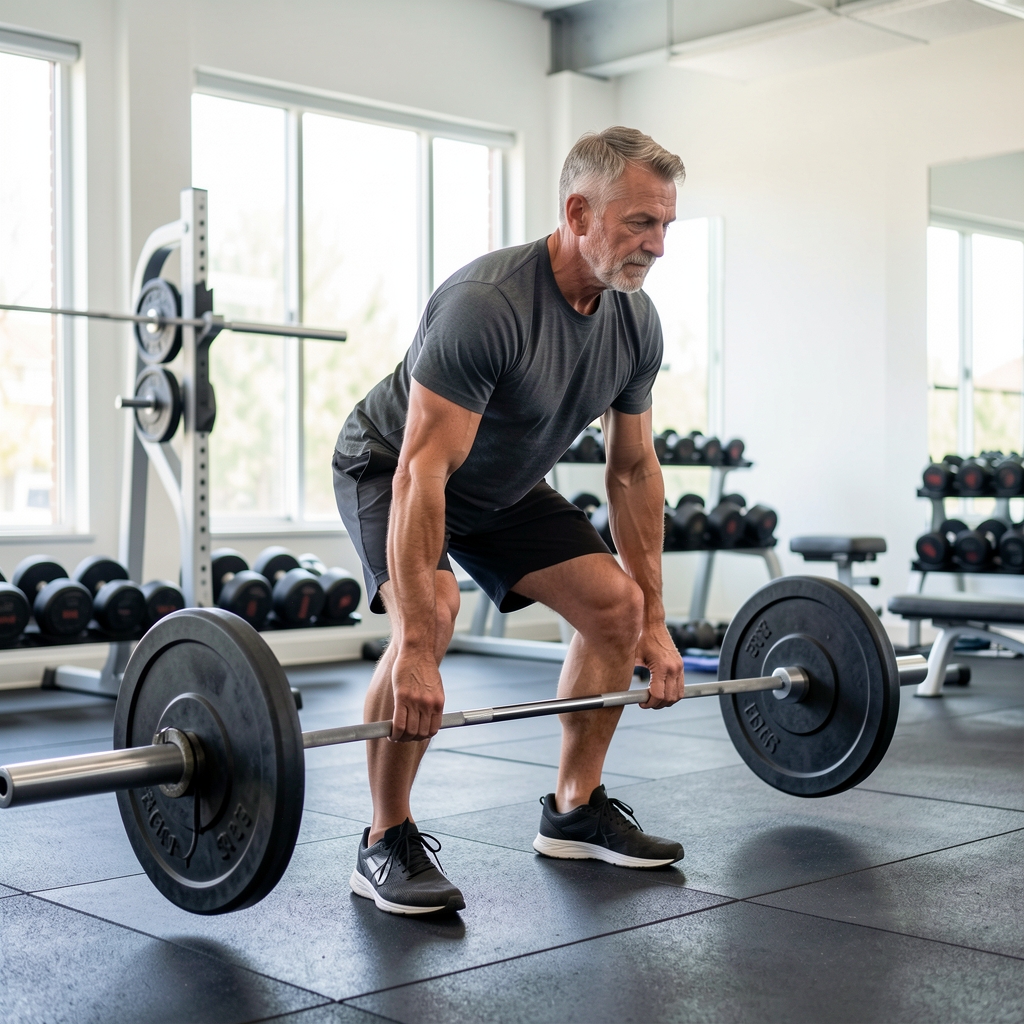 Middle-aged man lifting a barbell from the floor with a neutral spine in a bright, uncluttered gym