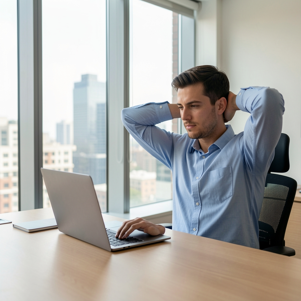 Man at a tidy office desk pausing from a laptop to stretch his shoulders beside a window with city views