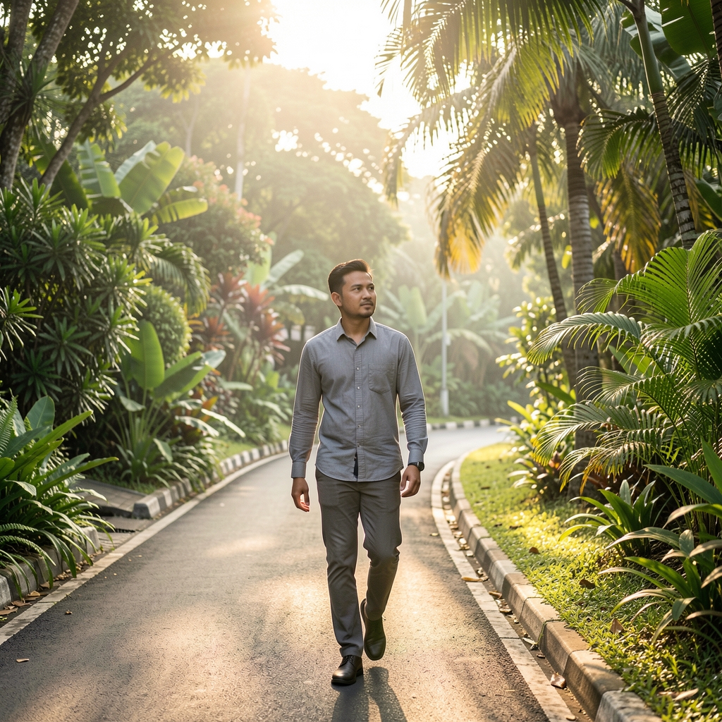 Man taking an early morning walk beside Jakarta greenery as daylight begins